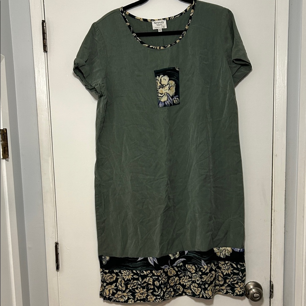 Vtg Naturally Yours Honolulu Hawaiian Green Floral Trim Midi Dress Size L